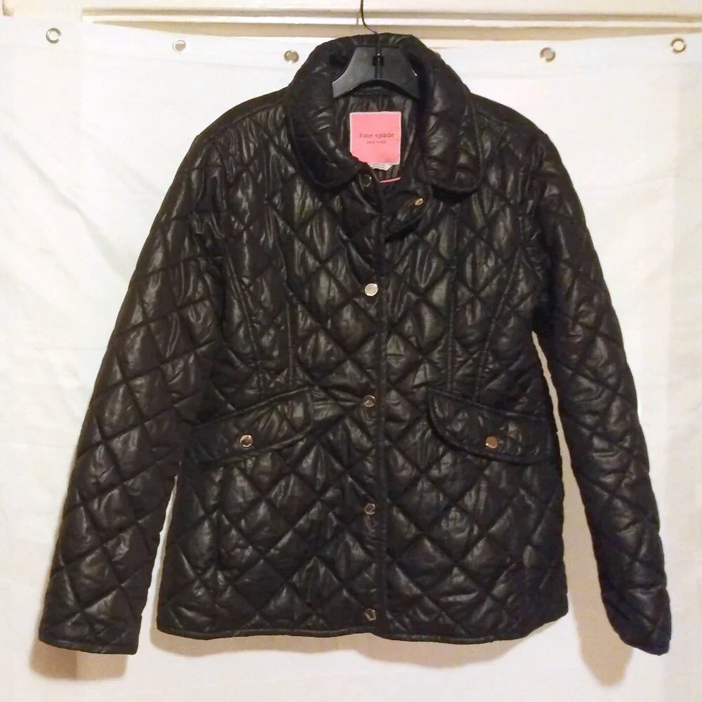Kate Spade Black Diamond Quilted Coat L Old Money Equestrian Quiet Luxury Preppy - Picture 2 of 9